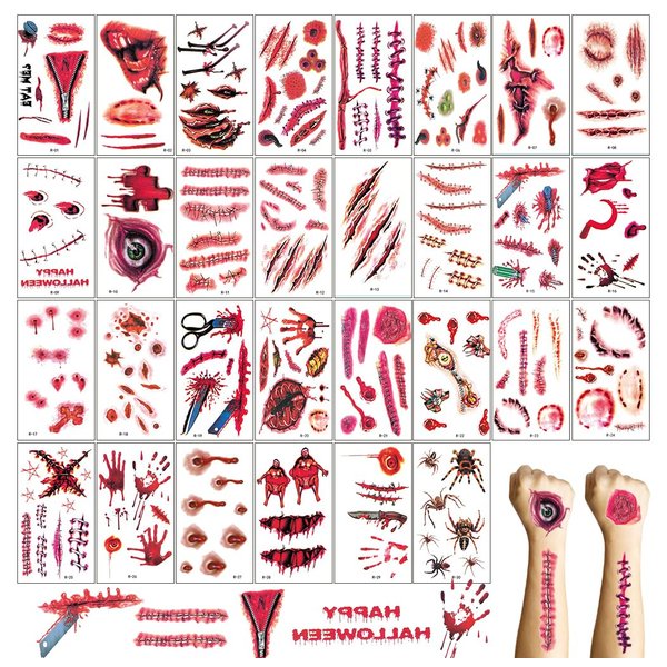 30 Sheets Fake Scars Temporary Tattoos, Horror Realistic Wound Stitch Face Body Makeup Zombie Sticker, Cosplay Masquerade Prank Scary Halloween Party for Kid Women Men Boys Girls