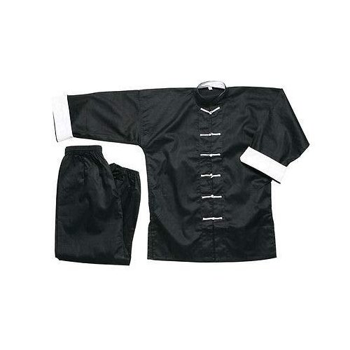 Ace Martial Arts Supply 100% Cotton Kung Fu Uniform -All Black, All White, and Black with White Cuffs (White Cuff Black with White Knot, 6)
