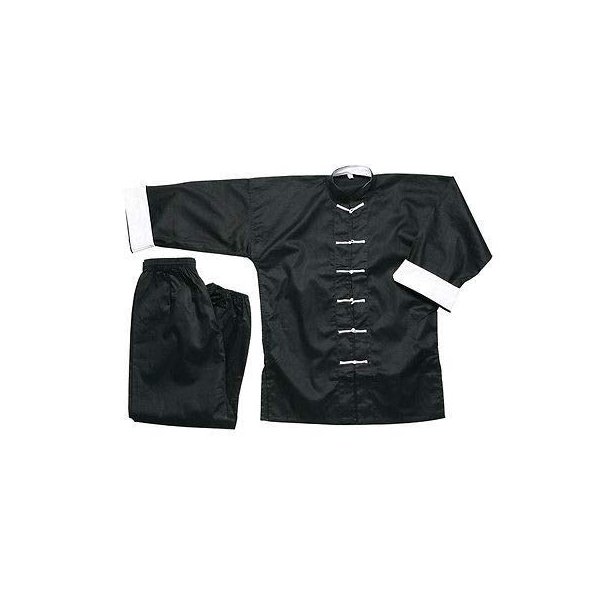 Ace Martial Arts Supply 100% Cotton Kung Fu Uniform -All Black, All White, and Black with White Cuffs (White Cuff Black with White Knot, 6)