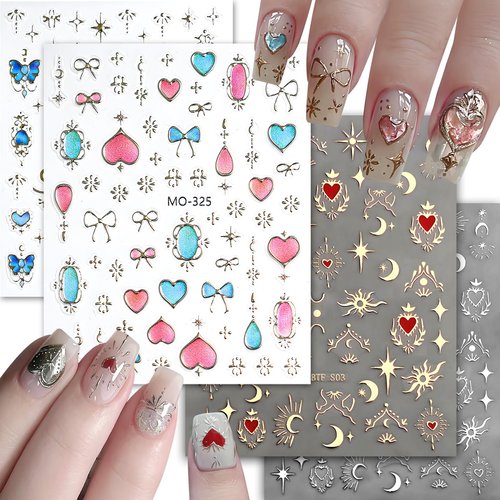 Nail Stickers 4 Sheets Moon Star Sun Nail Art Stickers Decals Self-Adhesive Pegatinas Uñas Colorful Rose Gold Nail Supplies Nail Art Design Decoration Accessories