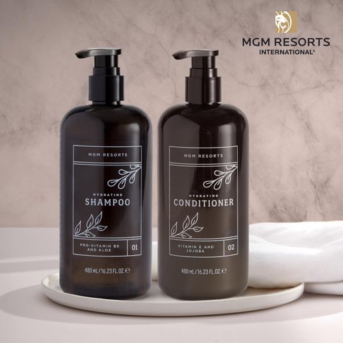 MGM Resorts Hair Care Set - Hydrating Shampoo & Conditioner - Pro-Vitamin B5 & Aloe - Scent of Fig, Cranberry & Bergamot - Hotel Shower Amenities - Shampoo & Conditioner - 1 of Each - 16.23 oz Bottles