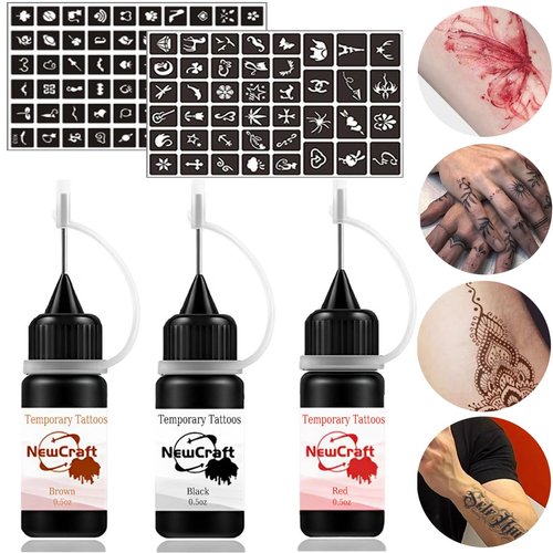 Temporary Tattoo Art Ink Kit for Women Men Kids, Semi Permanent Ink Trend Art Painting DIY Fake Freckles 102 Pcs Stencils Full Kit 3 Bottle Colors (Black+Red+Brown)