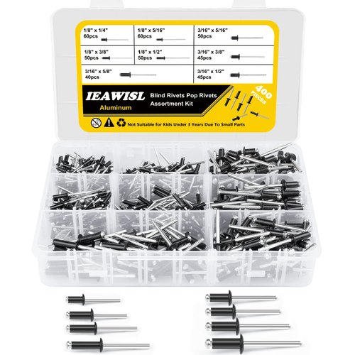 Pop Rivets Assortment Kit, 400PCS Aluminum Rivets - 8 SAE Sizes Baking Finish Rivets Assortment Kit (1/8" 3/16"), Black Rivets Assorted with Reinforced Divider & Labeled Case for Furniture, Car, Metal
