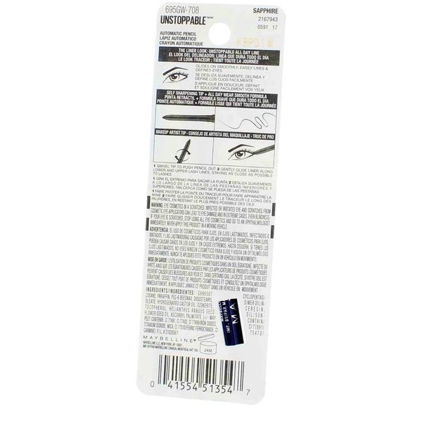 Maybelline New York Unstoppable Waterproof Eyeliner, Sapphire [708] 0.01 oz (Pack of 2)
