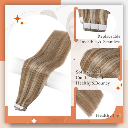 Full Shine Tape in Extensions Invisible 16 Inch Tape in Hair Extensions Human Hair Double Sided Tape Hair 10P613 Golden Brown Highlighted Bleach Blonde Glue in Hair Extensions 50 Gram 20pcs