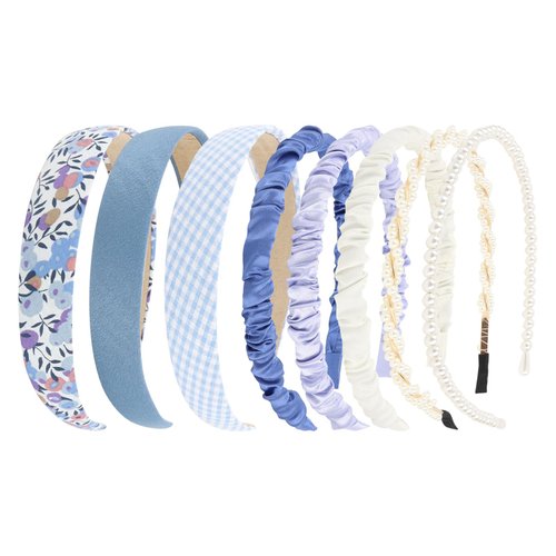 GAFATORY 8 Pack Cute Different Fashion Headbands for Women Set Bulk Non Slip Flower Headband Pearl Hair Accessories Blue Hair Band for Girls Padded Head Band Vintage Headbands for Washing Face