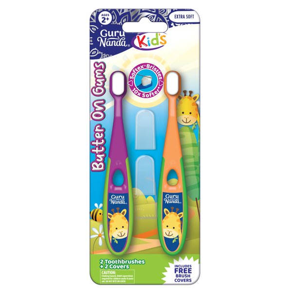 GuruNanda Butter on Gums Toddler Toothbrush (2 Pack) - Multi-Color Kids Toothbrush with Extra Soft Bristles, Tongue Cleaner & 2 Minutes Sand Timer - Dentist Recommended for Gentle Oral Care - Ages 2+