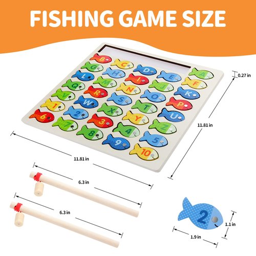 Diaodey Wooden Magnetic Fishing Game for Toddlers, Montessori Fine Motor Skills Toy with Letters and Numbers, Preschool Learning ABC and Puzzle Educational Toys Gift for 3 4 5+ Year Old Kids(2 Poles)