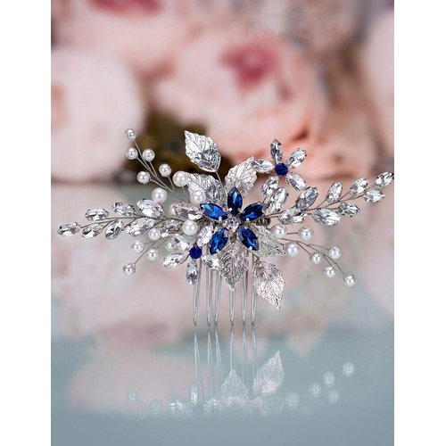 Aimimier Bridal Sapphire Crystal Hair Comb Pearl Blue Crystal Leaf Marquise Hair Piece Prom Party Festival Wedding Hair Accessories for Women and Girls (Silver)
