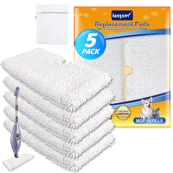 KEEPOW Steam Mop Replacement Pads 5 Pack Compatible with Shark S3500 Series S3501 S3601 S3550 S3901 SE450 S3801CO S3601D S2901 S2902 Steamer Pocket Mop Washable Microfiber for All Hard Floors Cleaner