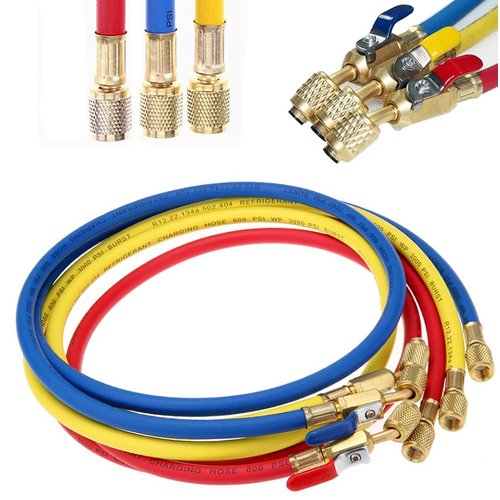 Refrigerant Charging Hose with Ball Valve Apply to R134A R12 R22 R502 R404 Refrigerant Air Conditioning Manifold Gauge 1/4" Thread Hose Set 60" Red/Yellow/Blue (Pack of 3)