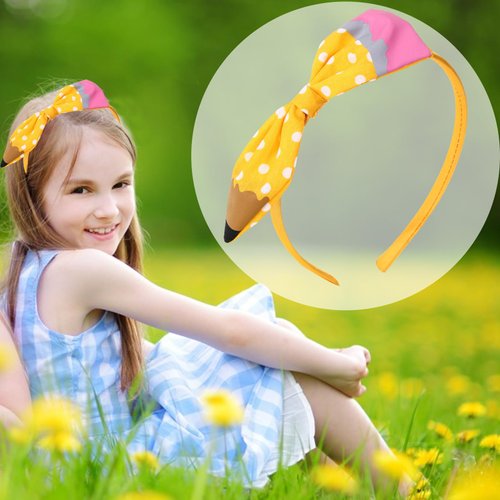 SeBneny Back To School Headband Hair Band Hair Bow Clips Cute Wave Point Yellow Pencil Hair Accessories For Girls Hairbow Clip and Headband for First Day of School Headwear 1PCS