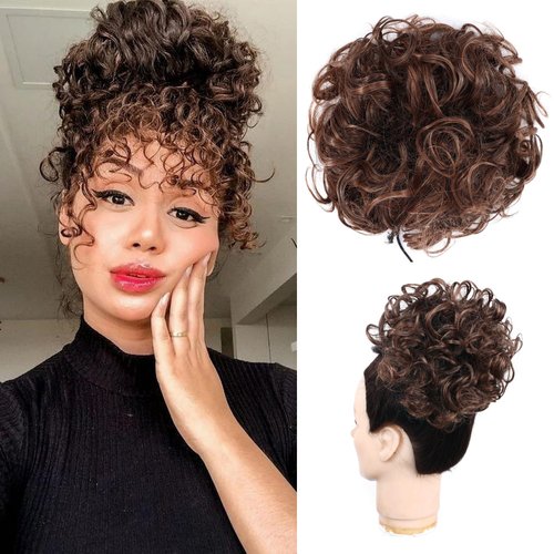HOSYTIS Messy Bun Hair Pieces for Women, Curly Bun Hairpieces Wavy Curly Short Synthetic Messy Bun Scrunchie Hair Elastic Drawstring Loose Ponytail Extension for Women Daily Use