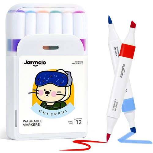 Washable Dual Tip Markers for Kids Ages 4-8, Brush & Chisel Tip, Water-Based Coloring Markers, Double-Tipped 12 Colors Marker Set with Storage Case, School Art Supplies for Boys & Girls