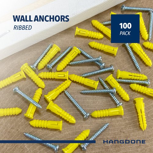 HangDone Ribbed Wall Anchors #4-#6 7/8-Inch with Screws 100-Pack, Yellow