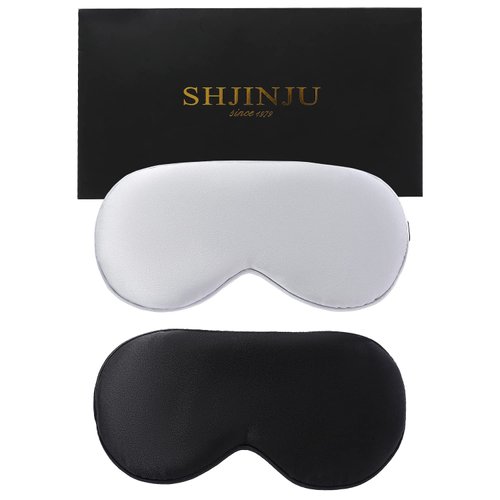 2-Pack 100% Real Natural Silk Eye Mask, Silk Sleeping Mask, Shade Puffy Eye Gift with Adjustable Straps, Sleep Eye Mask, SHJINJU Eye Mask Shade (Black and Light Grey)