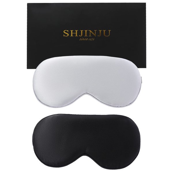2-Pack 100% Real Natural Silk Eye Mask, Silk Sleeping Mask, Shade Puffy Eye Gift with Adjustable Straps, Sleep Eye Mask, SHJINJU Eye Mask Shade (Black and Light Grey)