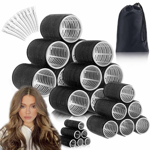 EHBELIF Jumbo Hair Rollers Set with Clips 34Pcs Rollers Hair Curlers Blowout Look Hair Roller (Black)