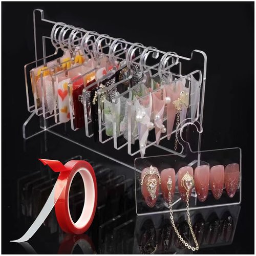 OLizee® Acrylic Press On Nails Holder with Double-Sided Tapes Nail Art Display Stand with 10pcs Hooks Detachable Nail Art Showing Holder for Home Nail Salon