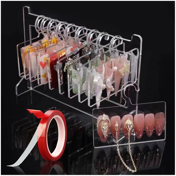 OLizee® Acrylic Press On Nails Holder with Double-Sided Tapes Nail Art Display Stand with 10pcs Hooks Detachable Nail Art Showing Holder for Home Nail Salon