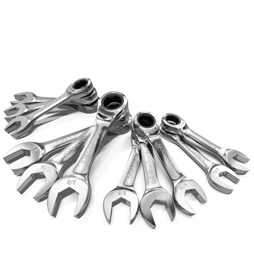 Olsa Tools 11pc SAE Ratchet Wrench Set, 120 Tooth, Stubby Size, Chrome Vanadium Steel