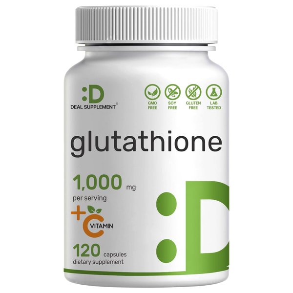 Glutathione Supplement 1,000mg Per Serving, 98% Purity | Plus Vitamin C 500mg, Active Reduced Form (GSH) | Intracellular Antioxidant – Supports Detoxification & Immune Health