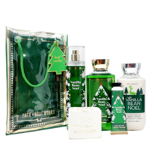 Bath & Body Works Vanilla Bean Noel Gift Bag Set - Fine Fragrance Mist, Shower Gel, Body Lotion and Hand Cream With a Natural Oats Bar Soap.