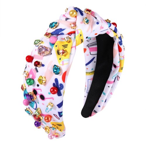 Back to School Headband Colorful Crystal Beads Knotted Headband Cute School Teacher Pattern Top Knot Twist Hairband Headpieces Boho Spring Summer Headband Hair Accessories for Teacher Student (back to