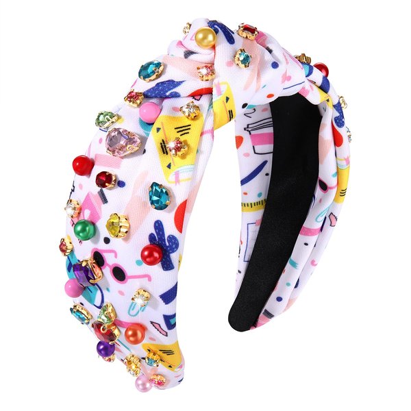 Back to School Headband Colorful Crystal Beads Knotted Headband Cute School Teacher Pattern Top Knot Twist Hairband Headpieces Boho Spring Summer Headband Hair Accessories for Teacher Student (back to