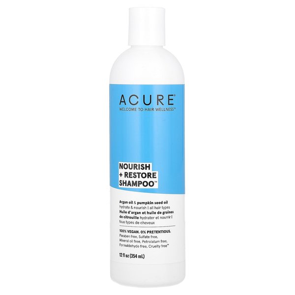 Acure Nourish + Restore Shampoo | Featuring Argan Oil & Pumpkin Seed Oil Rich in Omega Fatty Acids & Antioxidant Goodness to Help Restore Shine & Vitality, 12 Fl Oz