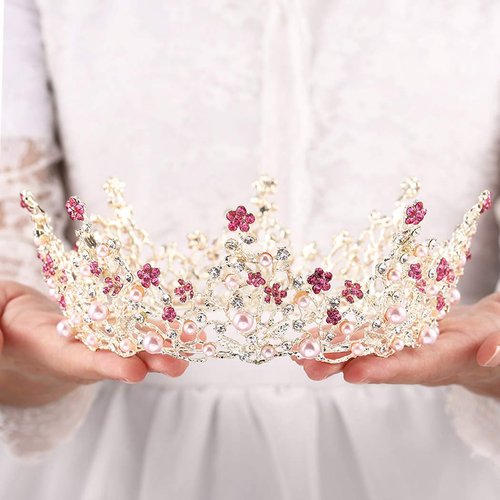 Fairyu Pearl Wedding Tiaras and Crown Bride Pink Flower Tiaras Baroque Wedding Tiara Hair Accessories for Women