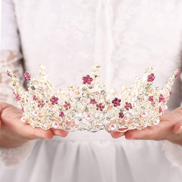 Fairyu Pearl Wedding Tiaras and Crown Bride Pink Flower Tiaras Baroque Wedding Tiara Hair Accessories for Women