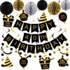 YEOCU 40th Birthday Decorations, Happy Birthday Banner with Honeycomb Balls, Gifts Hanging Swirl Streamers, Circle Dots Garland - Happy Birthday Party Decorations for Women Men (Black and Gold, 40th)