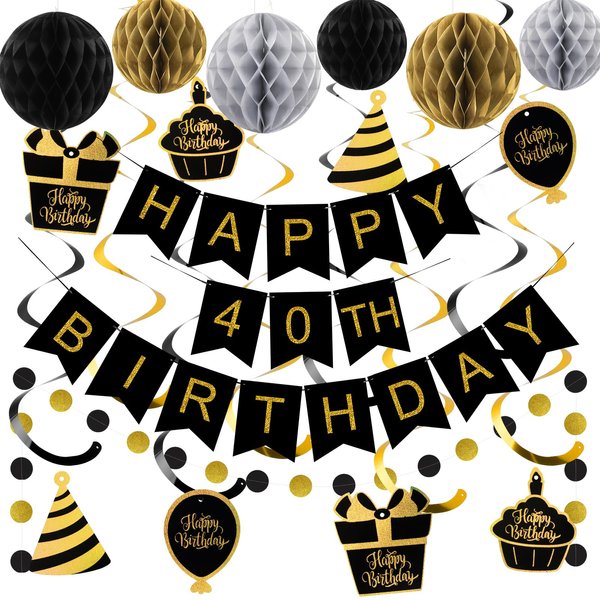 YEOCU 40th Birthday Decorations, Happy Birthday Banner with Honeycomb Balls, Gifts Hanging Swirl Streamers, Circle Dots Garland - Happy Birthday Party Decorations for Women Men (Black and Gold, 40th)