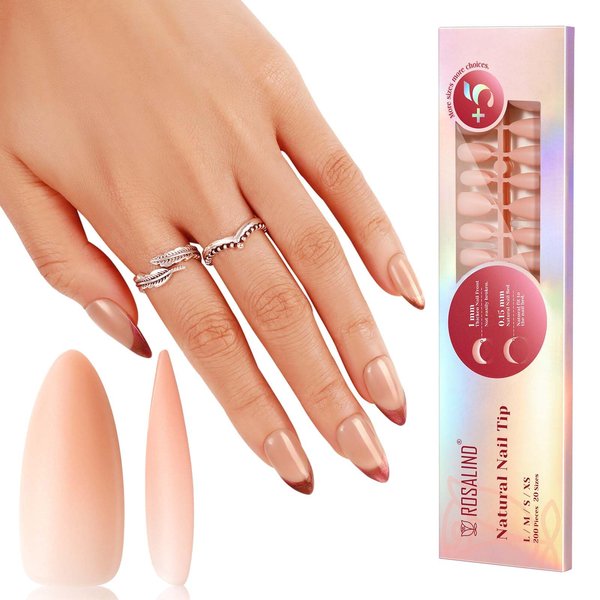 ROSALIND Soft Pink Almond Nail Tips, 200 PCS Matte Pink Nude Nail Tips Full Cover Acrylic Nail Tips, Nude Pre-colored Fake Press On Nails Nail Extensions 20 Sizes Manicure Salon Artificial Nails