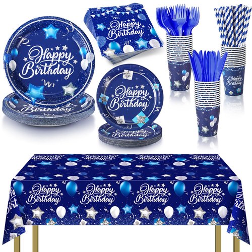 Norme 176 Pcs Navy Blue Birthday Tableware Set Birthday Decoration Includes Tablecloth Blue Paper Plates Napkins Paper Cups Forks Knifes and Straws for 25 Guests Party Supplies(Navy Blue, Silver)