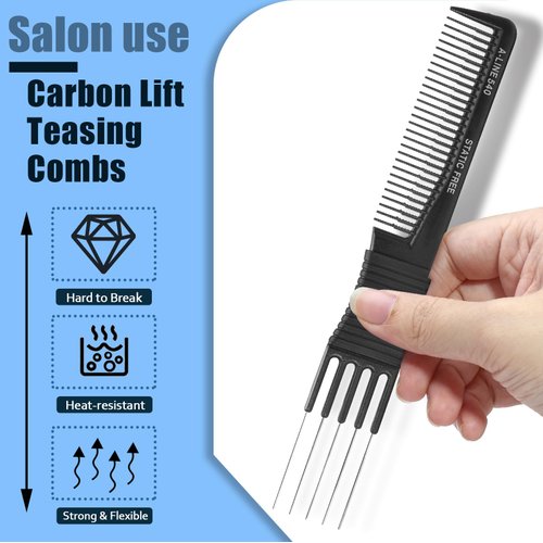 Biaungdo Carbon Lift Teasing Comb with Metal Prong, 2 Pack Black Hair Combs with 5 Pins for Lifting, Fluffing and Styling Hair in Salon