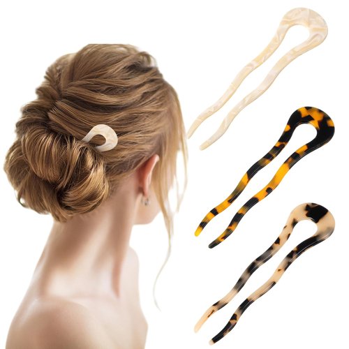 Mabor 3 Pcs 4.57Inch U Shaped Acetate French Hair Pin Tortoise Shell 2 Prong Bun Hair Sticks Thick Long Hair Acetate Tortoise Shell Hair Pin Updo for Women