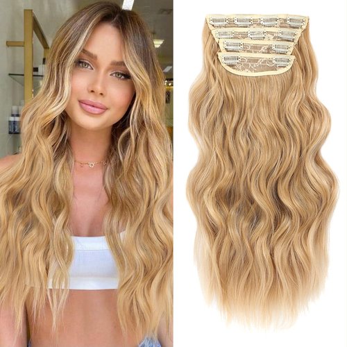 NAYOO Clip in Curly Hair Extensions 4PCS Long Wavy Synthetic Thick Hairpieces with Fiber Double Weft for Women Hair Full Head (24 Inch, Honey Blonde)