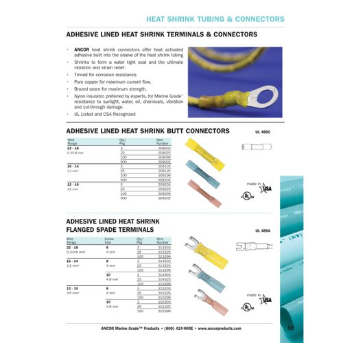 Ancor 314399 Marine Grade Electrical Nylon Insulated Adhesive Lined Heat Shrink Flanged Spade Terminals (16 to 14-Gauge, Size 10 Screw, 100-Pack)