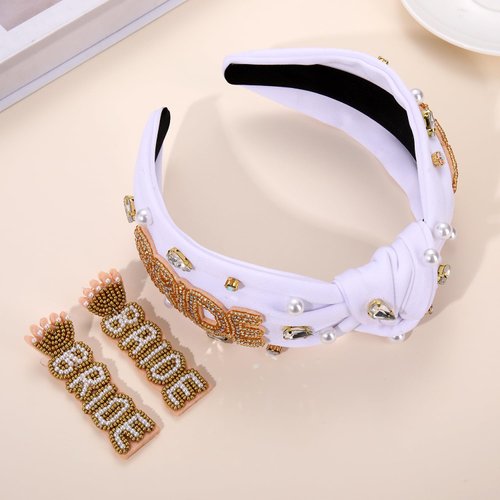 Bride Headband for Women Bachelorette Party Decorations Beaded Bride Knotted Headband Embellished Crystal Pearl Wide Top Knot Headband Bridal Shower Wedding Hair Accessories Party Gifts (Bride A)