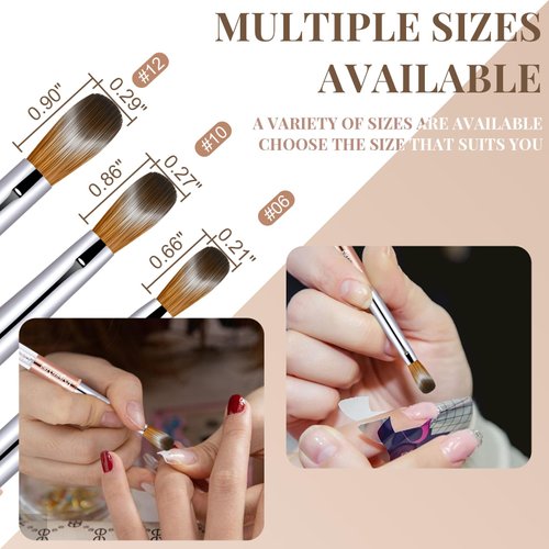 3PCS Acrylic Nail Brush Set, Size 6/10/12. Kolinsky Hair,Oval Crimped Pressed Shaped Acrylic Nail Brushes,Golden Metal Handle Acrylic Powder Brush Set Professional Manicure For DIY Home Salon