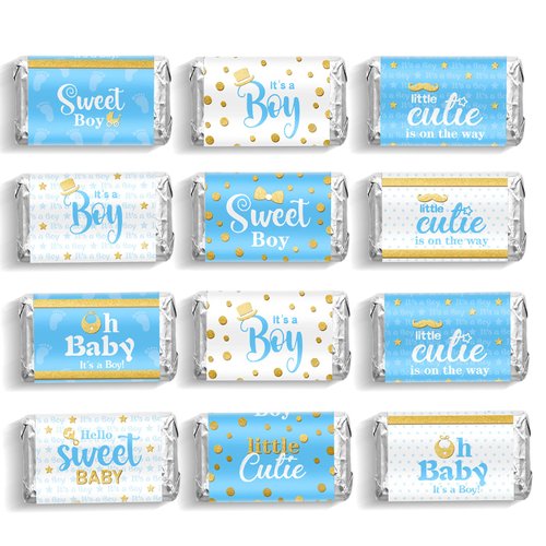 Baby Shower Candy Wrappers, Shower Mini Candy Bar Miniatures Wrappers Chocolate Bar Label Stickers for Boys Girls Kids Baby Shower Decor (No Candy)(Blue Boy Style, 90 Pieces)