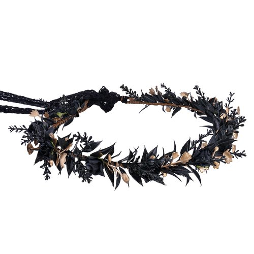 MOSTORY Handmade Elf Black Flower Crown - Gothic Adjustable Floral Tiara Headband Dark Fairy Hair Wreath Medieval Accessory for Halloween Carnival Wedding Cosplay Mardi Gras