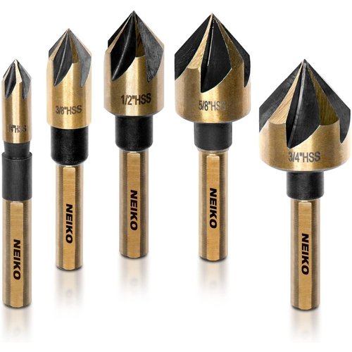 NEIKO 10218A Countersink Drill Bit Set for Wood and Metal, 1/4” Tri-Flat Shank, 5 Piece Countersink Bits, M2 High Speed Steel
