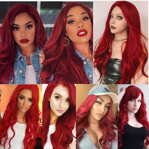 Dai Cloud Red Wigs for Women Long Wavy Heat Resistant Side Part Natural Looking Cosplay Wigs Halloween Party (Bright Red)