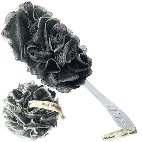 2 pcs/Set Charcoal Exfoliating Loofah Bath Back Brush On a Stick - Long Handle with Radian is Ergonomic for Men and Women - 1 Shower Sponge Body Back Scrubber and 1 Shower Sponge Pouf Mesh