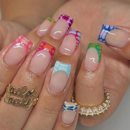 BABALAL French Tip Press on Nails Medium Square Fake Nails Colorful Glue ons Nails Crocodile Pattern Design Acrylic Nails 24Pcs Squoval Full Cover False Nails