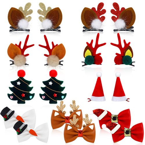 Tigeen 18 Pcs Christmas Hair Clips Cute Accessories Christmas Tree Reindeer Ear Hat Hair Clips Bowknot Barrettes Alligator Cosplay Punk Novelty Hair Accessories for Christmas Cosplay Women (Cute)