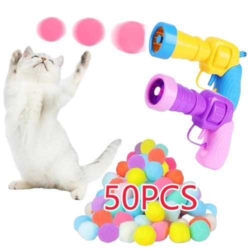 Jacsoii Cat Ball Launcher Toy, 50PCS 1.2Inch Cat Pompom Ball and 2 Cat Ball Toy Launcher, Soft Interactive Cat Balls, Active Cat Exercise Toys for Indoor Cats-Multi-Colored